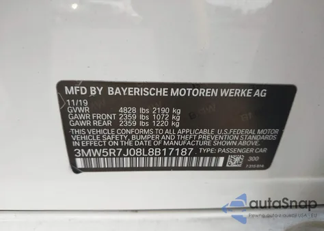 2020 BMW 330Xi z USA, uszkodzony, nr VIN 3MW5R7J08L8B17187